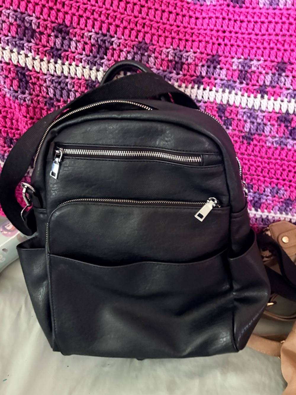Antik Kraft Black Leather Backpack with Silver Zippers